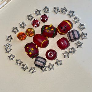 Beads and Stars, red & gray beads with beautiful patterns and small silver stars